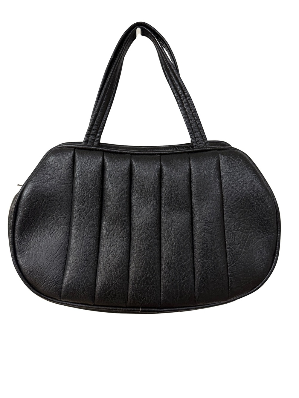 Vintage 1970s Mod Black faux leather handbag w/ vertical pleated panels